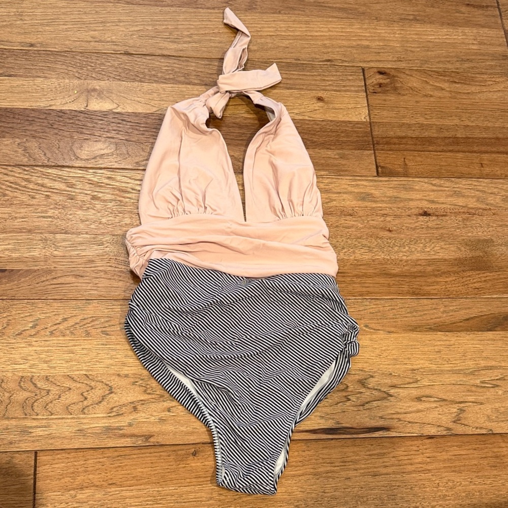 Striped Blush and Black One Piece Halter Swimsuit